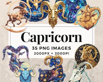 Paquete de 35 imágenes prediseñadas de Capricornio DESCARGA INSTANTE 35 ilustraciones del zodiaco, fondo transparente PNG, uso comercial y personal. THS003