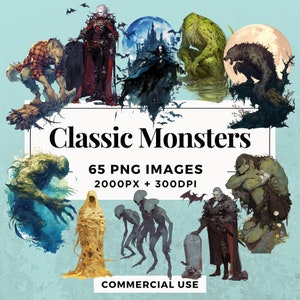 Pack de 65 cliparts monstres classiques TÉLÉCHARGEMENT IMMÉDIAT 65 illustrations de monstres intemporels, arrière-plan PNG transparent, usage commercial. THS004