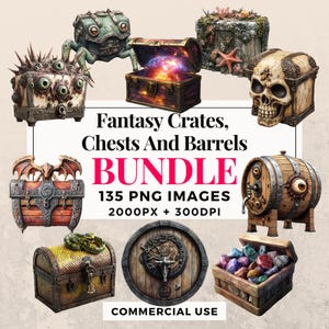 135 Fantasy Kisten, Truhen und Fässer Clipart Bundle - zum sofortigen Download, PNG-Bilder, transparenter Hintergrund, kommerzielle Nutzung. THS003