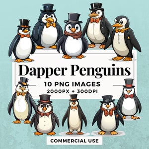 Puede incluir: Diez pingüinos de dibujos animados con chaquetas de esmoquin negras y pajaritas. Cada pingüino lleva un sombrero de copa. Los pingüinos están de pie sobre una pancarta blanca con el texto "Dapper Penguins 10 PNG IMAGES 2000PX + 300DPI COMMERCIAL USE".