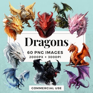 May include: A collection of 60 digital illustrations of dragons in various colors and poses. The dragons are depicted in a fantasy style with wings, scales, and horns. The images are 2000 pixels wide and 300 DPI.  The text "Dragons 60 PNG Images 2000PX + 300DPI Commercial Use" is displayed on a white rectangle.
