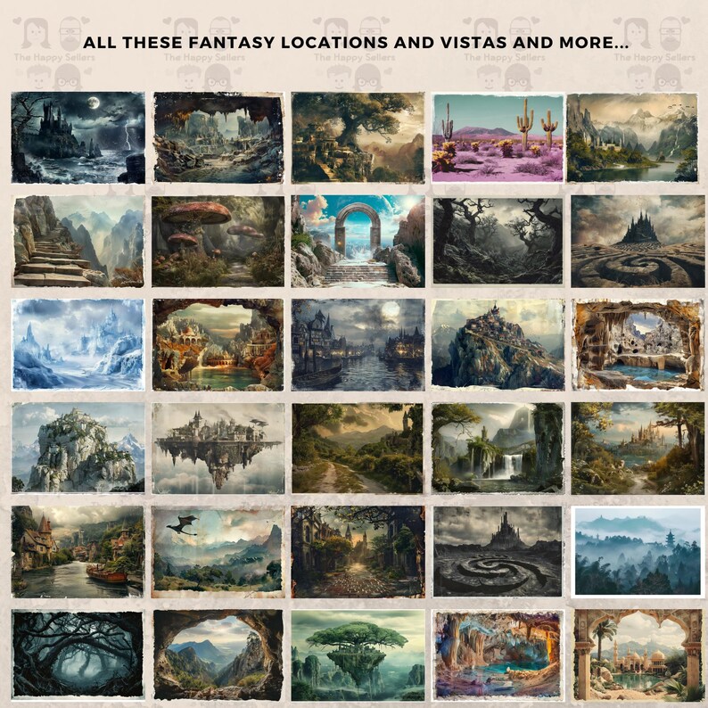 May include: A collage of 36 fantasy landscape images. The images depict various scenes, including castles, forests, mountains, waterfalls, and magical creatures. The images are arranged in a grid pattern and have a vintage aesthetic.