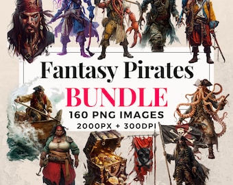 May include: A digital illustration bundle of 160 fantasy pirate characters, creatures, and objects. The images are in PNG format and are 2000 pixels by 300 DPI. The bundle includes a variety of characters, including pirates, mermaids, krakens, and skeletons. The images are perfect for use in games, websites, and other creative projects.