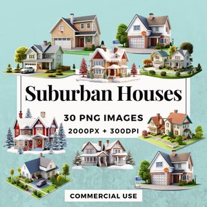 Peut inclure: Une collection de 30 illustrations de maisons de banlieue, chacune avec des détails architecturaux et des aménagements paysagers uniques. Les images sont des fichiers PNG haute résolution, parfaits pour les projets de conception.
