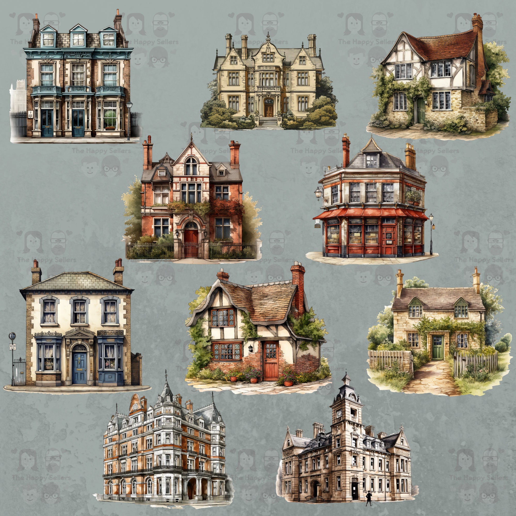 40 Victorian Houses Clipart Pack INSTANT DOWNLOAD, PNG Images