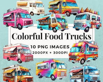 10 Colorful Food Trucks Clipart Pack INSTANT DOWNLOAD 10 Food Truck Illustrations, PNG Transparent Background, Commercial Use. THS004