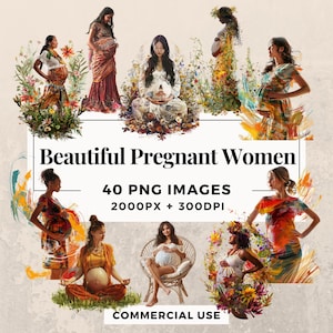 Pacote de clipart de 40 lindas mulheres grávidas DOWNLOAD INSTANTÂNEO 40 ilustrações elegantes, fundo transparente PNG, uso comercial. THS003