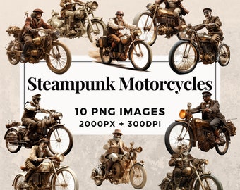 Paquete de imágenes prediseñadas de 10 motocicletas Steampunk - DESCARGA INSTANTE, Fondo transparente PNG, Uso comercial. THS003