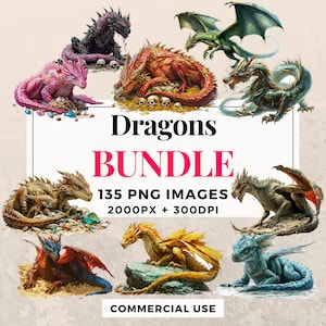 135 個のドラゴン クリップアート バンドル - 即時ダウンロード、神話上の生き物のイラスト、PNG 画像、透明な背景、商用利用。THS003