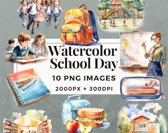 10 Watercolor School Day Clipart Pack INSTANT DOWNLOAD 10 School Day Illustrations, PNG Transparent Background, Commercial Use. THS001