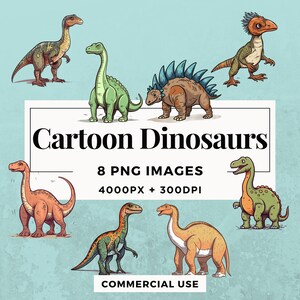 8 Cartoon Dinosaurs Clipart Pack INSTANT DOWNLOAD 8 Cartoon drawings, PNG transparent background images, commercial and personal use. THS004