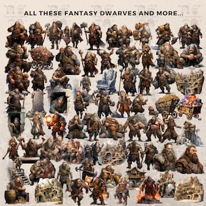 144 Fantasy Dwarves Clipart Bundle Instant Download, Dwarf Illustrations, PNG Images, Transparent Background, Commercial Use. THS003 image 2