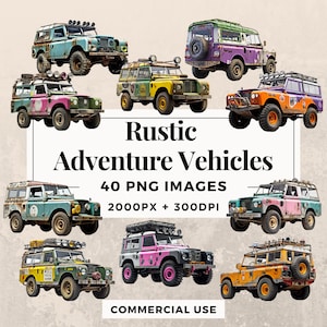 40 Pack Clipart de véhicules d’aventure rustiques - TÉLÉCHARGEMENT INSTANTANÉ, fond transparent PNG, utilisation personnelle et commerciale. THS003
