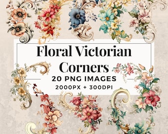 Paquete de imágenes prediseñadas de 20 esquinas victorianas florales - DESCARGA INSTANTE, Fondo transparente PNG, uso personal y comercial. THS003