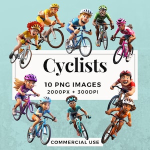 10 fietsers Clipart Pack INSTANT DOWNLOAD 10 fietserillustraties, transparante PNG-achtergrond, persoonlijk en commercieel gebruik. THS004