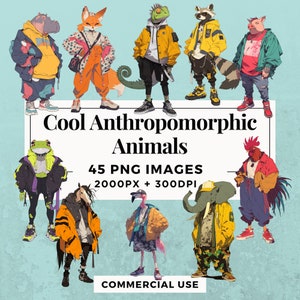 45 fantastici clipart di animali antropomorfi DOWNLOAD IMMEDIATO 45 personaggi animali unici, sfondo PNG trasparente, uso commerciale. THS004