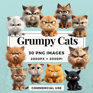 30 Grumpy Cats Clipart Pack INSTANT DOWNLOAD 30 Moody Feline Illustrations, PNG Transparent Background, Personal & Commercial Use. THS004