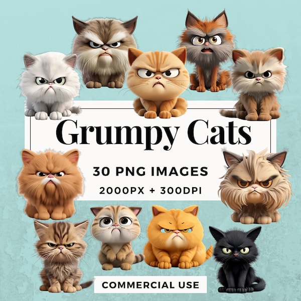 30 Grumpy Cats Clipart Pack INSTANT DOWNLOAD 30 Moody Feline Illustrations, PNG Transparent Background, Personal & Commercial Use. THS004