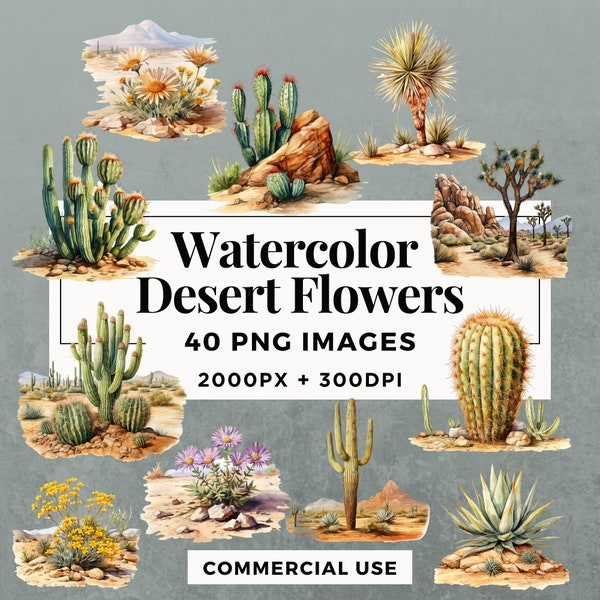 40 Watercolor Desert Flowers Clipart Pack INSTANT DOWNLOAD 40 Desert Flower Illustrations, PNG Transparent Background,Commercial Use. THS001