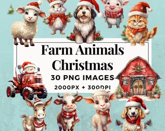 30 Farm Animals Christmas Clipart Pack INSTANT DOWNLOAD 30 Farm Animal Illustrations, PNG Transparent Background, Commercial Use. THS004