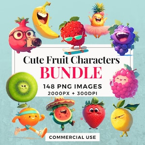 148 graziosi personaggi di frutta Clipart Bundle - Download immediato, immagini PNG, sfondo trasparente, uso personale e commerciale. THS004