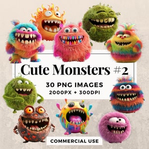 30 süße Monster #2 Clipart Pack, SOFORTIGER DOWNLOAD 30 bezaubernde Monster Illustrationen, PNG für transparenten Hintergrund, kommerzielle Nutzung. THS003