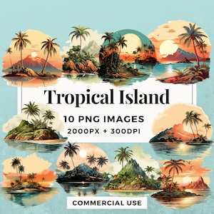 Pacchetto di 10 clipart di isole tropicali DOWNLOAD IMMEDIATO 10 illustrazioni di isole paradisiache, sfondo PNG trasparente, uso commerciale. THS004