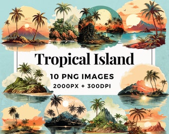 10 Tropical Island Clipart Pack INSTANT DOWNLOAD 10 Island Paradise Illustrations, PNG Transparent Background, Commercial Use. THS004