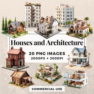 20 Houses and Architecture Clipart Pack - INSTANT DOWNLOAD, PNG Transparent Background, Personal & Commercial Use. THS003