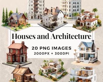 20 Houses and Architecture Clipart Pack - INSTANT DOWNLOAD, PNG Transparent Background, Personal & Commercial Use. THS003