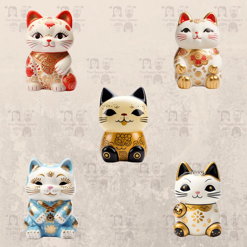 May include: Five ceramic Japanese Maneki-Neko lucky cat figurines. The cats are in various poses and colors, including white with gold accents, white with red accents, yellow with black accents, blue with gold accents, and black and white with gold accents.