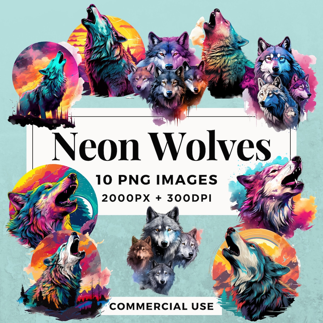 10 Neon Wolves Clipart Pack INSTANT DOWNLOAD 10 Vibrant Neon Etsy