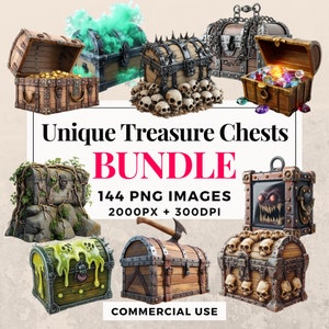 Pacote de clipart de 144 baús de tesouro exclusivos - download instantâneo, imagens PNG, fundo transparente, uso pessoal e comercial. THS003
