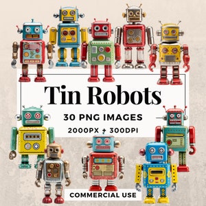 30 Tin Robots Clipart Pack INSTANT DOWNLOAD 30 Retro Tin Robot Illustrations, PNG Transparent Background, Utilisation personnelle et commerciale. THS003