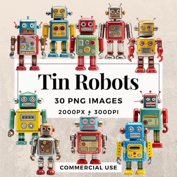 30 Tin Robots Clipart Pack INSTANT DOWNLOAD 30 Retro Tin Robot Illustrations, PNG Transparent Background, Utilisation personnelle et commerciale. THS003