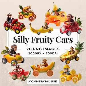 20 Silly Fruity Cars Clipart Pack INSTANT DOWNLOAD 20 Whimsical Fruit Car Illustrations, PNG Transparent Background, Commercial Use. THS003