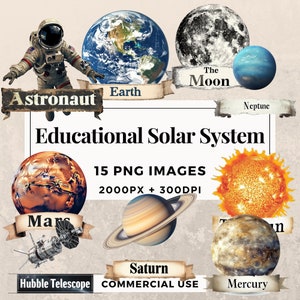Pacchetto di 15 clipart didattiche del sistema solare DOWNLOAD IMMEDIATO 15 illustrazioni spaziali, sfondo PNG trasparente, uso commerciale. THS003