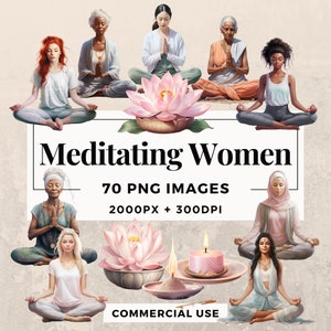 70 Mediterende Vrouwen Clipart Pack INSTANT DOWNLOAD 70 Serene Meditatie Illustraties, PNG Transparante Achtergrond, Commercieel Gebruik. THS003