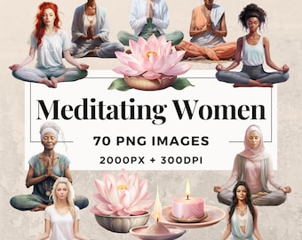 70 Meditating Women Clipart Pack INSTANT DOWNLOAD 70 Serene Meditation Illustrations, PNG Transparent Background, Commercial Use. THS003