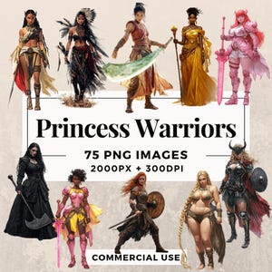 75 Princess warriors Clipart Pack INSTANT DOWNLOAD 75 Fantasy warrior Prinzessinnen, PNG transparenten Hintergrund, kommerzielle Nutzung. THS003