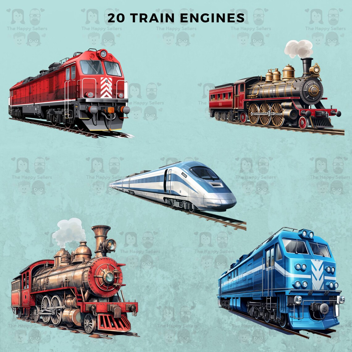 Train Engine Bitmap 20 Train Engines Clipart Pack INSTANT DOWNLOAD 20 Locomotive ...
