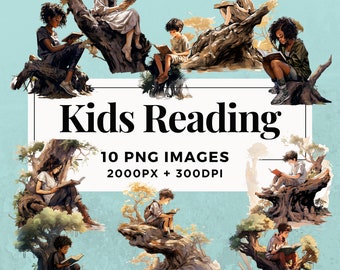 10 Kids Reading Clipart Pack INSTANT DOWNLOAD 10 Adorable Kids Reading Illustrations, PNG Transparent Background, Commercial Use. THS004