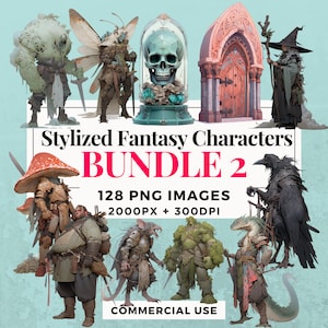 128 Stylized Fantasy Characters Clipart Bundle 2 - Instant Download, PNG Images, Transparent Background, Personal & Commercial Use. THS004