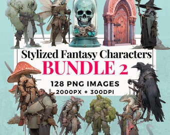 May include: A digital art bundle of 128 fantasy characters, creatures, and objects. The images are in PNG format, 2000 pixels wide and 300 DPI. The bundle includes a variety of characters, including a mushroom-headed warrior, a goblin, a crow, a lizard-like creature, and a skull in a glass dome. The text "Stylized Fantasy Characters Bundle 2" is displayed in large, bold letters. The text "128 PNG IMAGES 2000PX + 300DPI" is displayed in smaller letters below the title. The text "COMMERCIAL USE" is displayed in smaller letters at the bottom of the image.