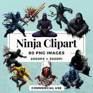 80 Ninja Clipart Pack INSTANT DOWNLOAD 80 Stealthy Ninja Illustrations, PNG Transparent Background, Personal & Commercial Use. THS004