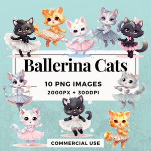 10 Ballerina Cats Clipart Pack TÉLÉCHARGEMENT INSTANTANÉ 10 adorables danseurs félins, fond transparent PNG, utilisation personnelle et commerciale. THS004