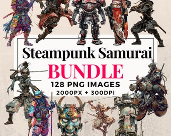 128 Paquete de imágenes prediseñadas Steampunk Samurai - Descarga instantánea, imágenes PNG, fondo transparente, uso personal y comercial. THS003