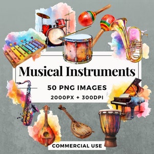 50 muziekinstrumenten clipartpakket INSTANT DOWNLOAD 50 muziekinstrumentillustraties, transparante PNG-achtergrond, commercieel gebruik. THS001