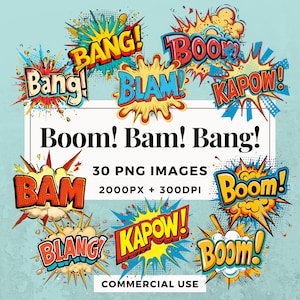 30 Boom! Bam! Bang! Clipart Pack - INSTANT DOWNLOAD, PNG Transparent Background, Personal & Commercial Use. THS004