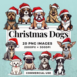 20 Weihnachtshunde Clipart Pack, SOFORTIGER DOWNLOAD 20 festliche Hunde Illustrationen, PNG Hintergrund, transparenten Hintergrund, persönlichen und kommerziellen Gebrauch. THS004